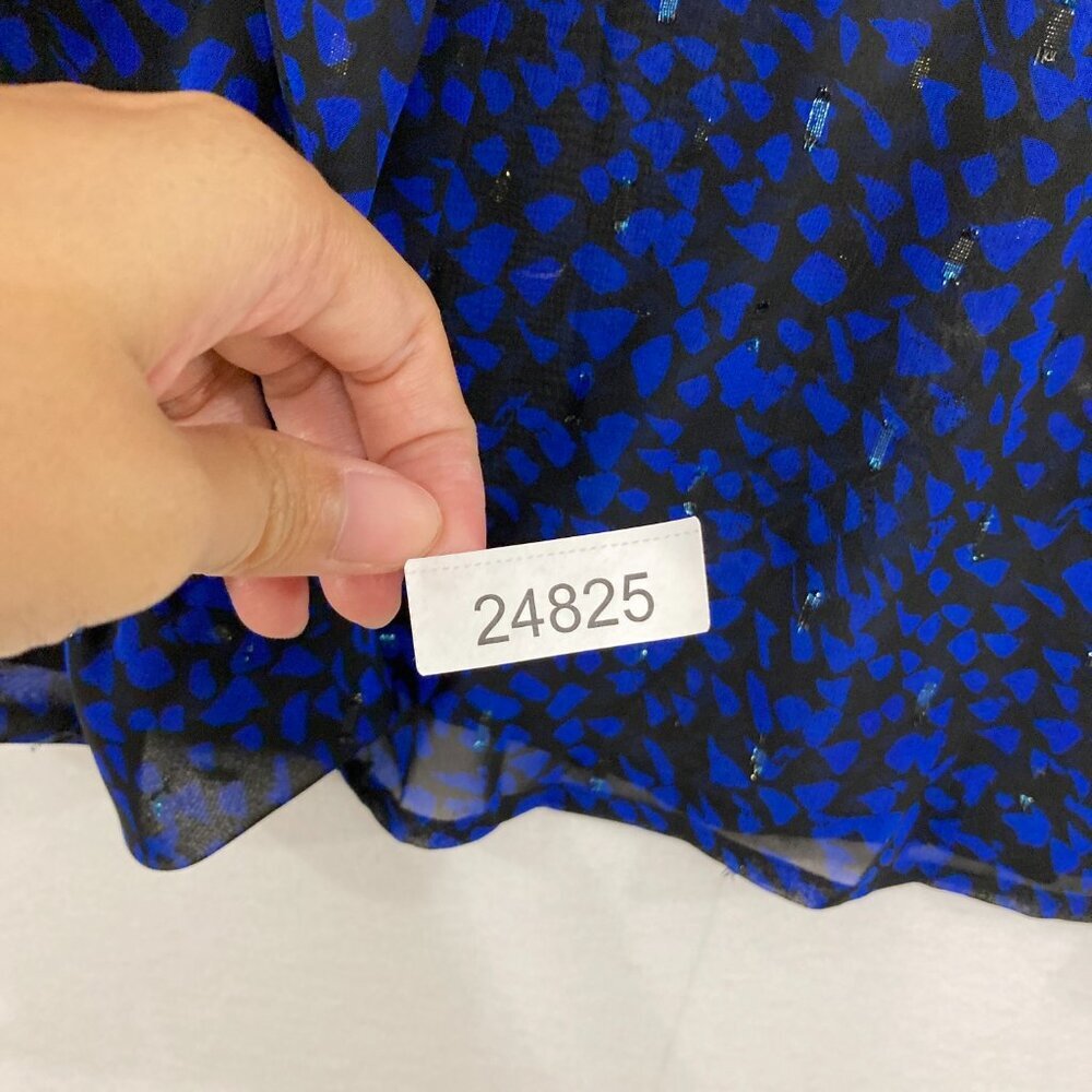 Chico's size 16 Black Blue Abstract Print Ruffle Sheer Swiss Dot Button Down - Picture 12 of 12